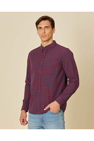 REDTAG Men Burgundy Checked Long Sleeve Shirt