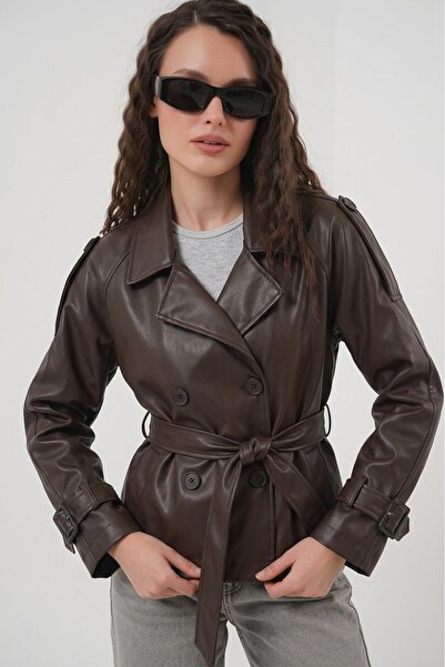 Bigdart Women's Belted Faux Leather Jacket 1046 - Brown