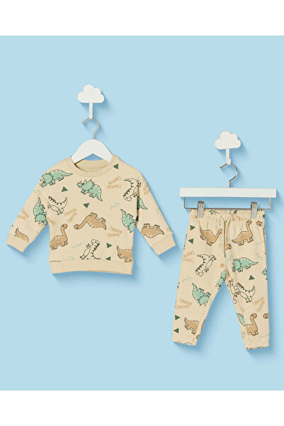 REDTAG Infant Boys Ecru Melange Printed Dino Jogging Suit