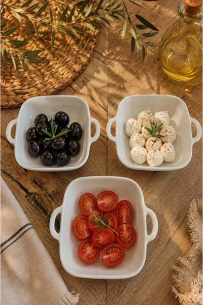 CASA DE BELLA 3 Adet Porselen Kulplu Kare Kahvaltı Meze Sunum Tabağı 15 cm