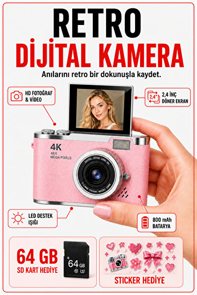 solvis 4K Dijital Retro Fotoğraf Makinesi 48MP 18X Zoom 180° Dönen Ekran Flaş...