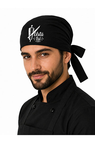 İŞ MARKETİM Likralı Usta İşi Baskılı Aşçı Bonesi Siyah Bağlamalı Unisex Şef M...