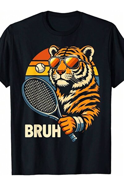 Generic تي شيرت Bruh Tiger Tennis Racket Sunglasses Vintage Meme Cool Sports