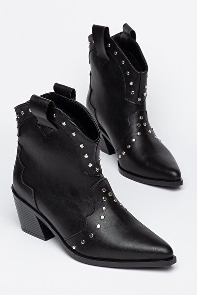 Generic Brand Black Leather Trok Detailed Black Sole Cowboy Western Short Boots