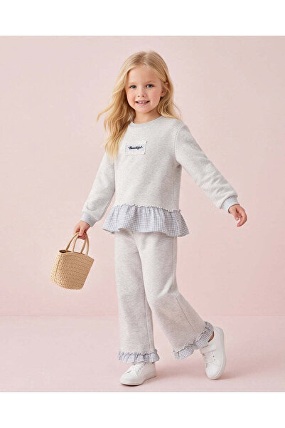 REDTAG Girls Grey Melange Seersucker Check Jog Set