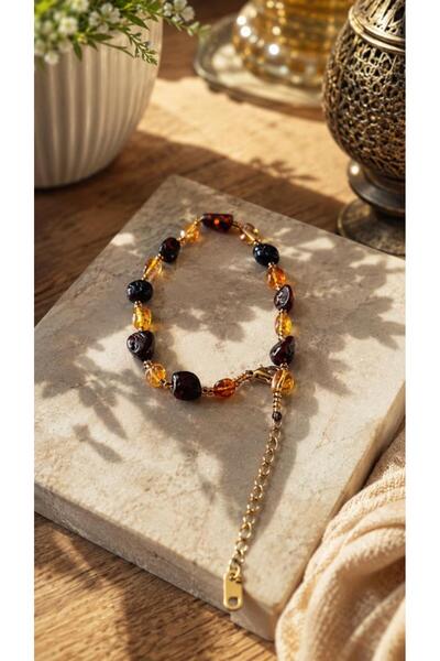 Hd Marketim Amber Natural Stone Bracelet with Yellow Steel Extension Chain, S...