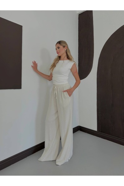 Miss Women's High Waist Elastic Waist Linen Palazzo Trousers