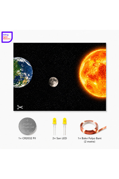 LightCircuit Güneş Dünya Ay Fen Bilim Deneyi Kağıt Devre Eğitim Kiti | Paper Circuits Elektrik Deney| STEM CR2032 LED ve Bakır İletken Bant