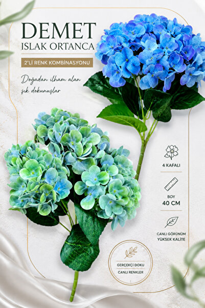 ÇİÇEKFABRİKA 2’li Demet Islak Ortanca Yapay Çiçek – 4 Kafalı 40 cm Dekoratif ...