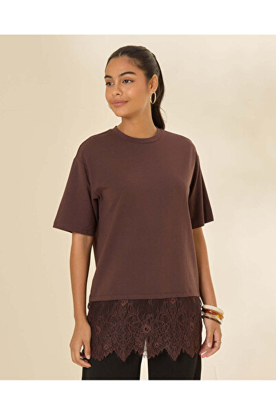 REDTAG Women Brown Satin Lace Hem Jersey Top