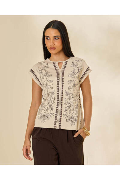 REDTAG Women Ivory Embroidered Short Sleeve Top