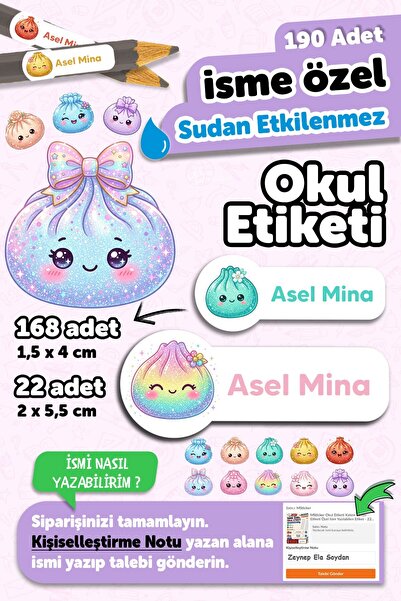 MSticker 190 Adet Kişiye Özel Okul Etiketi İsimli Kalem Defter Suluk Etiket D...