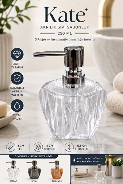 MAKRİ HOME Kate Acrylic Liquid Soap Dispenser 250 Ml, Transparent, 8X8X13.5 cm