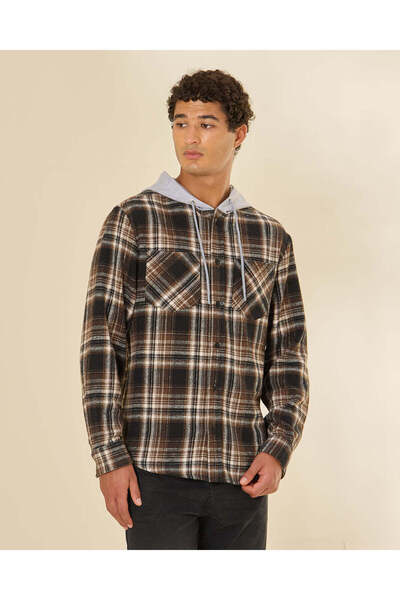 REDTAG Men Black Checkered Hooded Shirt