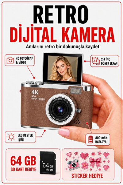 solvis 4K Dijital Retro Fotoğraf Makinesi 48MP 18X Zoom 180° Dönen Ekran Flaş...