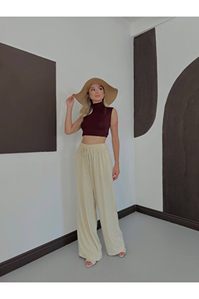 Miss Ženske palazzo pantalone od platna sa visokim strukom i elastičnim pojasom