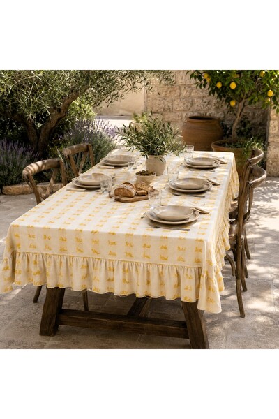 shules collection Buldan Linen Tasseled Ruffled Bohemian Tablecloth – Natural-Yellow