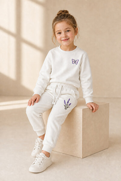 rony pony kids Set de trening pentru fete, crem, cu broderie fluture și lavan...