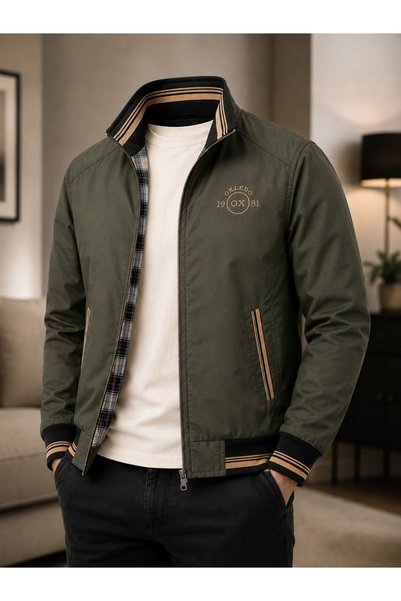 Oxledo Embroidered Plaid Lined Stand Collar Zippered Seasonal Coat & Jacket Khaki Green