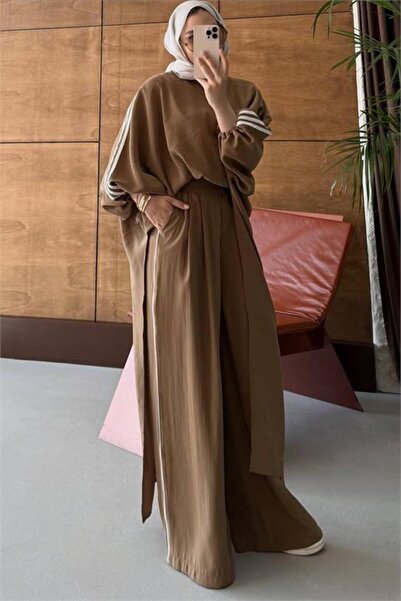Neşeli Butik Women's Camel Striped Detailed Oversized Tunic Pants Double Hija...