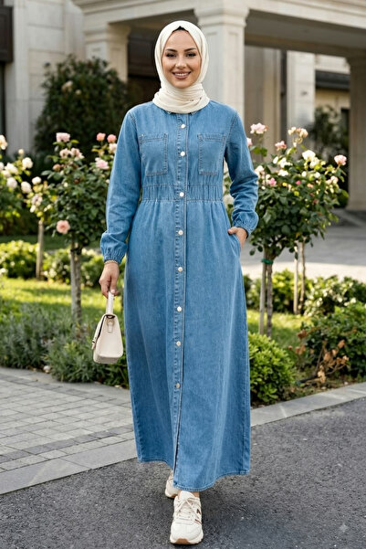 Hb Harma Time Butik Women's Buttoned Elastic Waist Denim Blue Dress with Pock...