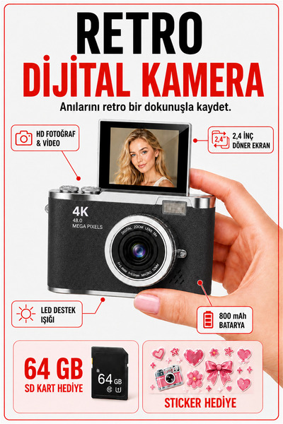 solvis 4K Dijital Retro Fotoğraf Makinesi 48MP 18X Zoom 180° Dönen Ekran Flaş...