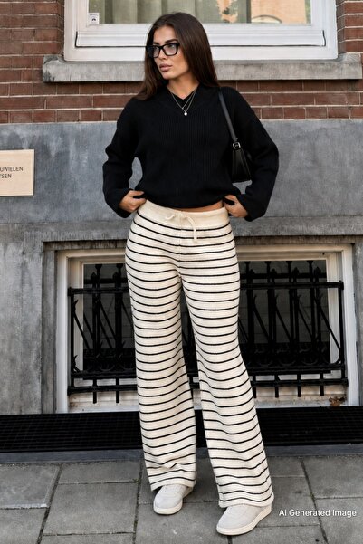 Madmext Ecru Striped Knitwear Women's Trousers Mg2609