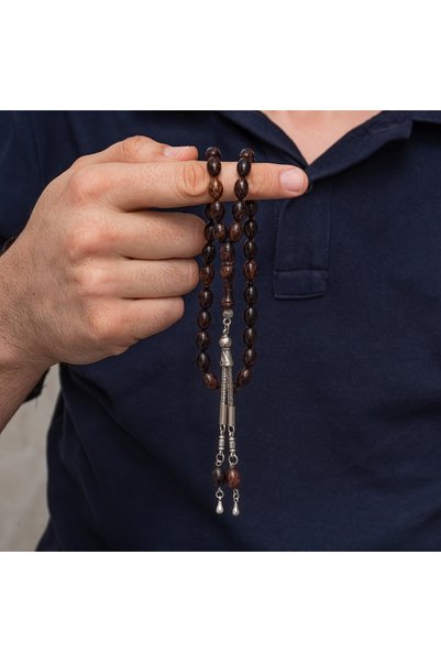 FM 💎   Premium Shiny Antique Metal Tasseled Dark Brown Barley Cut Amber Stylish Gift Prayer Beads