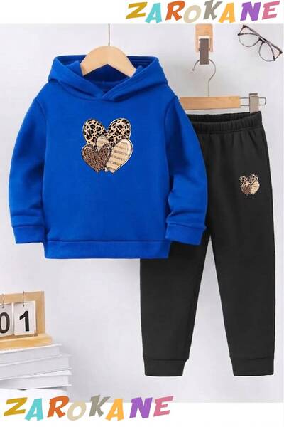 ZAROKANE 3Leopard Heart Printed Winter Children's Hooded Top and Bottom Cotto...