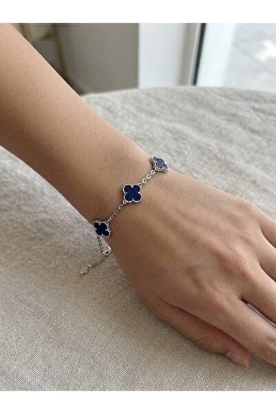 keskin silver Gece Mavisinin Asaleti:3 Yapaklı Lacivert Yonca Bileklik