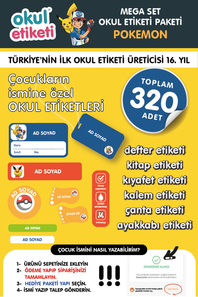 OKUL ETİKETİ BASKI OKUL ETİKETİ POKEMON TEMALI MEGA PAKET İSME ÖZEL OKUL ETİK...