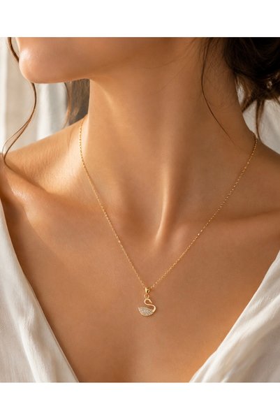 T-CEY Kuğu Taşlı Kolye Gold Çelik
