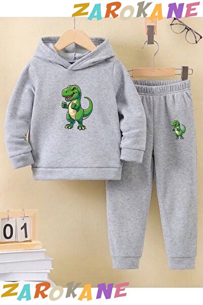 ZAROKANE Children's Winter Hooded Cotton Tracksuit Set with Single Dinosaur P...