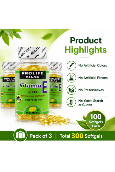 Prolife Atlas Atlas Prolife Vitamin E 400 IU – 300 Softgels | Pack of 3 Bottles, 100 Softgels Each | Vitamin E Supplement with Antioxidant Support