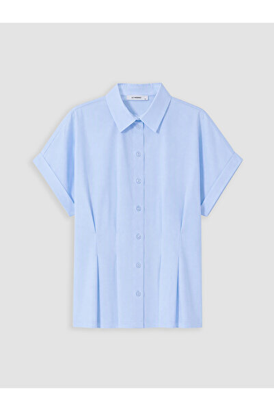 LC Waikiki Blue Plus Size Poplin Women's Pleated Shirt