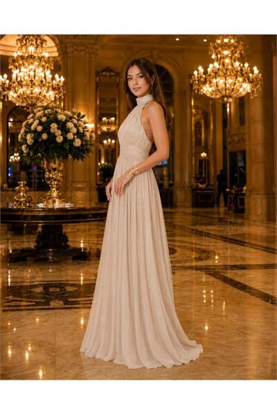 Neşeli Butik kadın taş rengi halter yaka janjan kumaş premium abiye elbise NBMY4128