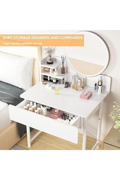 GENERAL Makeup Vanity Table with Round Mirror Two Large Drawers Multi-Functional Features Large Storage Space for Bedroom