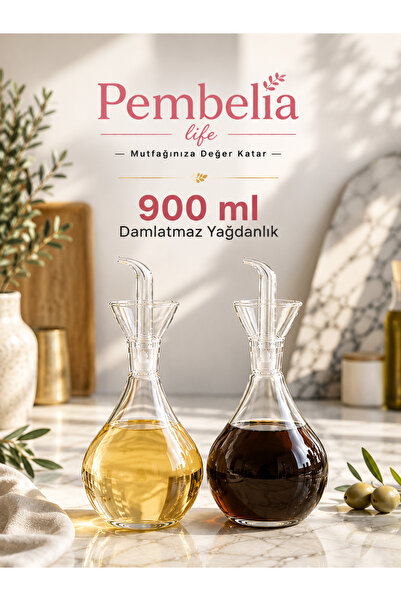 Kitchen Pembelia 2’li 900 ml Damlatmaz Cam Yağdanlık Seti Ayçiçek Zeytinyağ Şişesi Yağlık Sirkelik Takım Çeyizlik Set