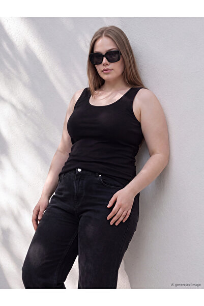 LC Waikiki Vizyon New Season Black Plus Size U-Neck Women's Undershirt
