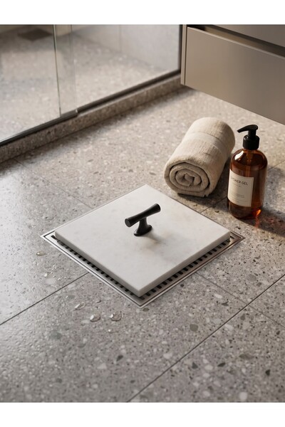 FARALYAHOME Premium Doğal 15x15 Cm Beyaz Mermer Banyo Gider Kapatıcı - Taju Siyah Metal Kulplu