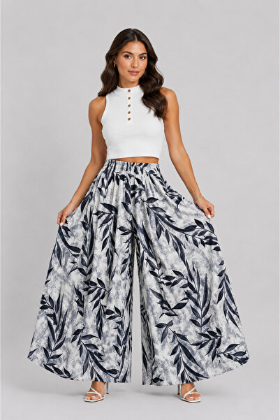 MİRA BUTİK Women's Elastic Waist Patterned Skirt Trousers with Pockets