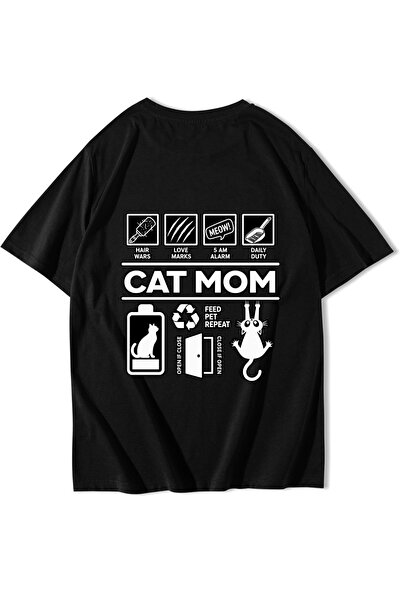 BRZ COLLECTION Unisex Oversize Cat Mom T-Shirt Black