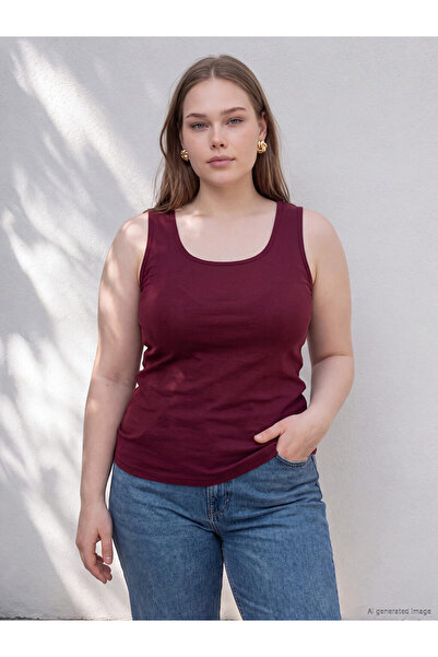 LC Waikiki Vizyon New Season Burgundy Plus Size U-Neck Women's Undershirt