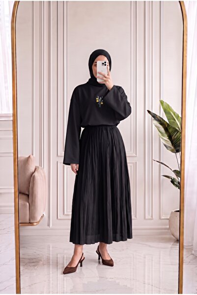MİHRA STORE Nevay Front Floral Printed Tunic-Mf1914 Black