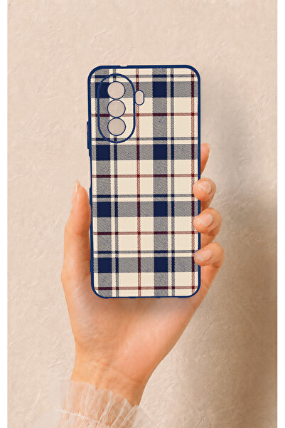 Vip Case Huawei Nova Y70 Uyumlu Mavi Bordo Çizgili Ekose Desenli Silikon Kılıf