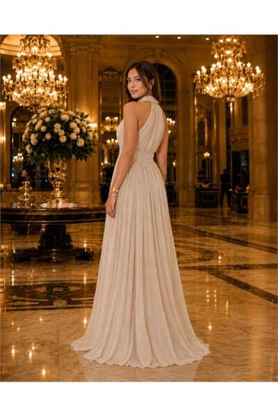 Neşeli Butik kadın taş rengi halter yaka janjan kumaş premium abiye elbise NBMY4128
