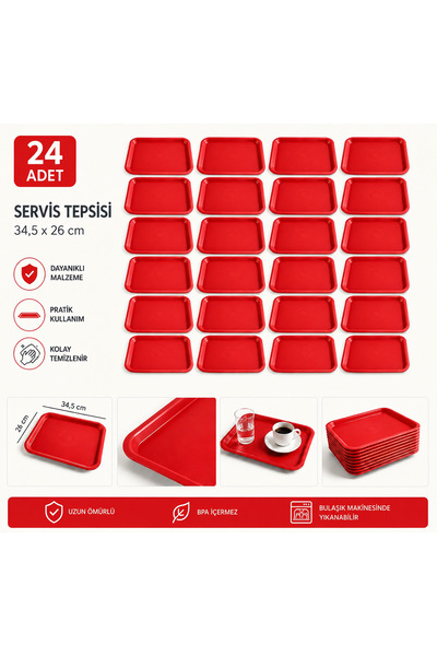 ray plastik 24 Fast Food Trays - Serving Tray - Unbreakable Red 34X26 cm