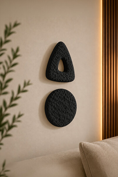 Muyika Design Wabi Sabi Duvar Dekoru 2'li Set Siyah Beton Taş Görünümlü Dokulu Daire ve Amorf Duvar Pano Obje MUYİKA-Üçgen Yuvarlak 2'li Antrasit