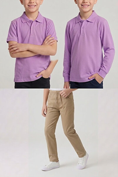 nacar çarşı Boys' School Lilac Long and Short Sleeve Polo Collar T-Shirt Beig...