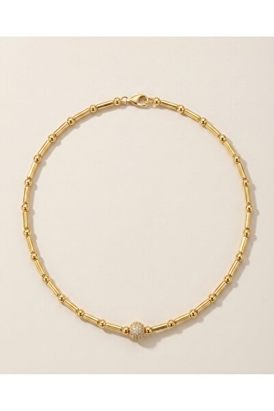 Glowisters Jewelry Gold Kaplama Boru ve Top Boncuk Detaylı Zirkon Taşlı Kolye...